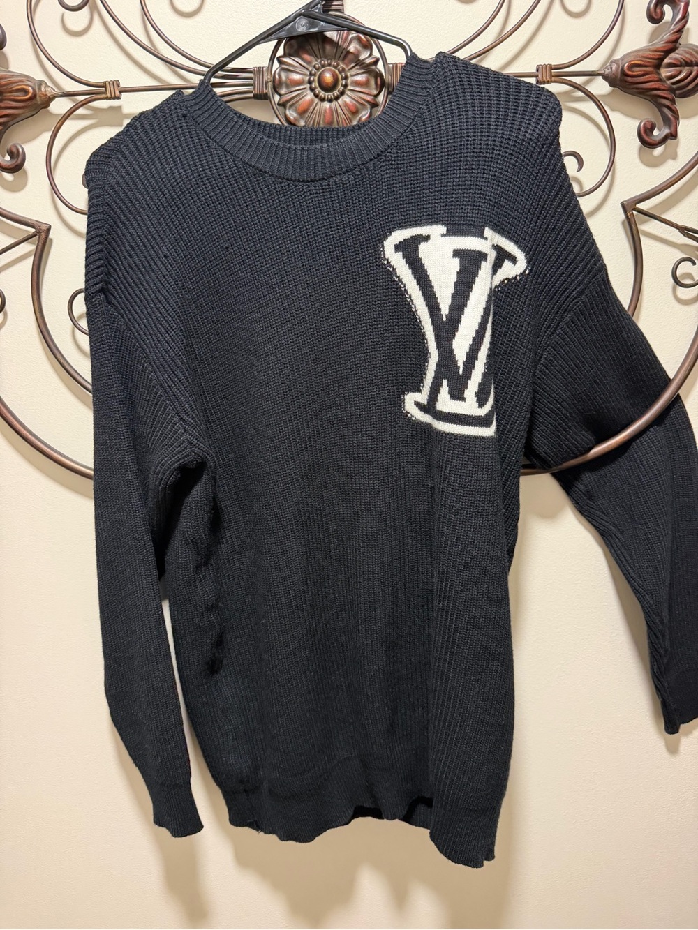 Source Unknown Black Crewneck Sweater with White Logo Patch